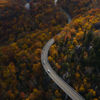 Aerial view of cars driving through a forest with vibrant autumn foliage