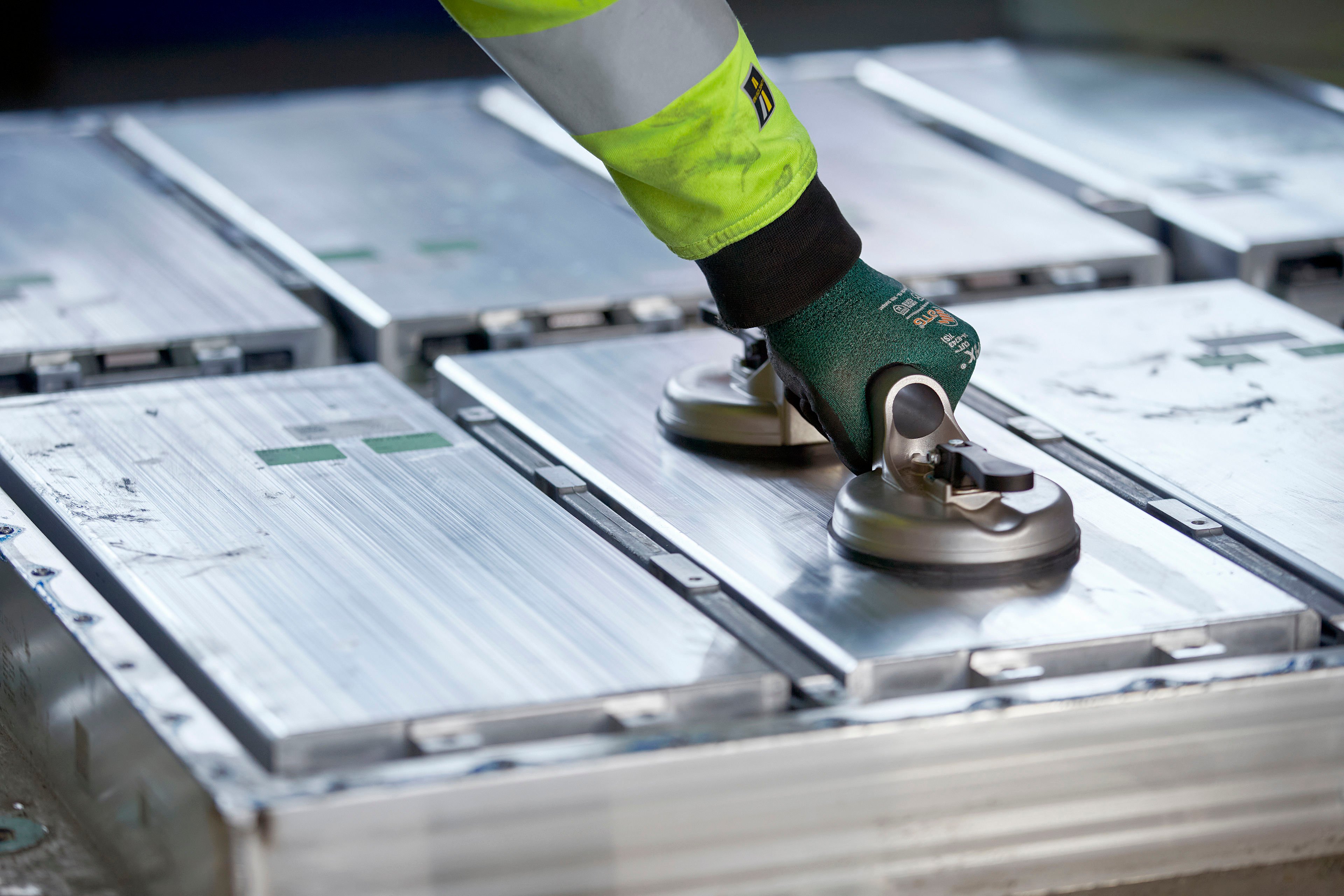 A Stena Recycling expert prepares to discharge a lithium-ion vehicle battery.