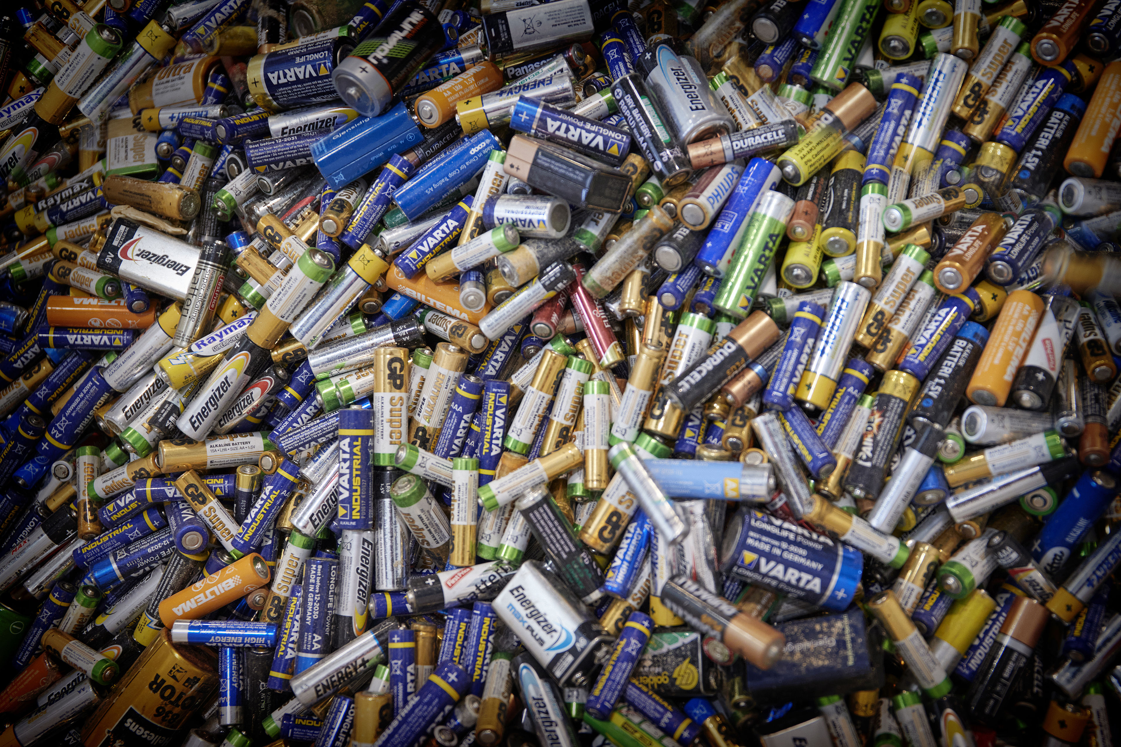 A collection of small batteries ready to be recycled or reused by Stena Recycling